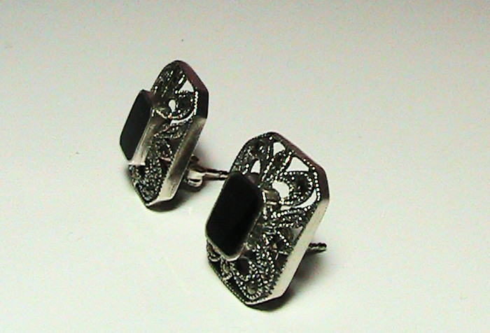 Vintage Silver 925 Earrings Rectangular Black Ony… - image 3