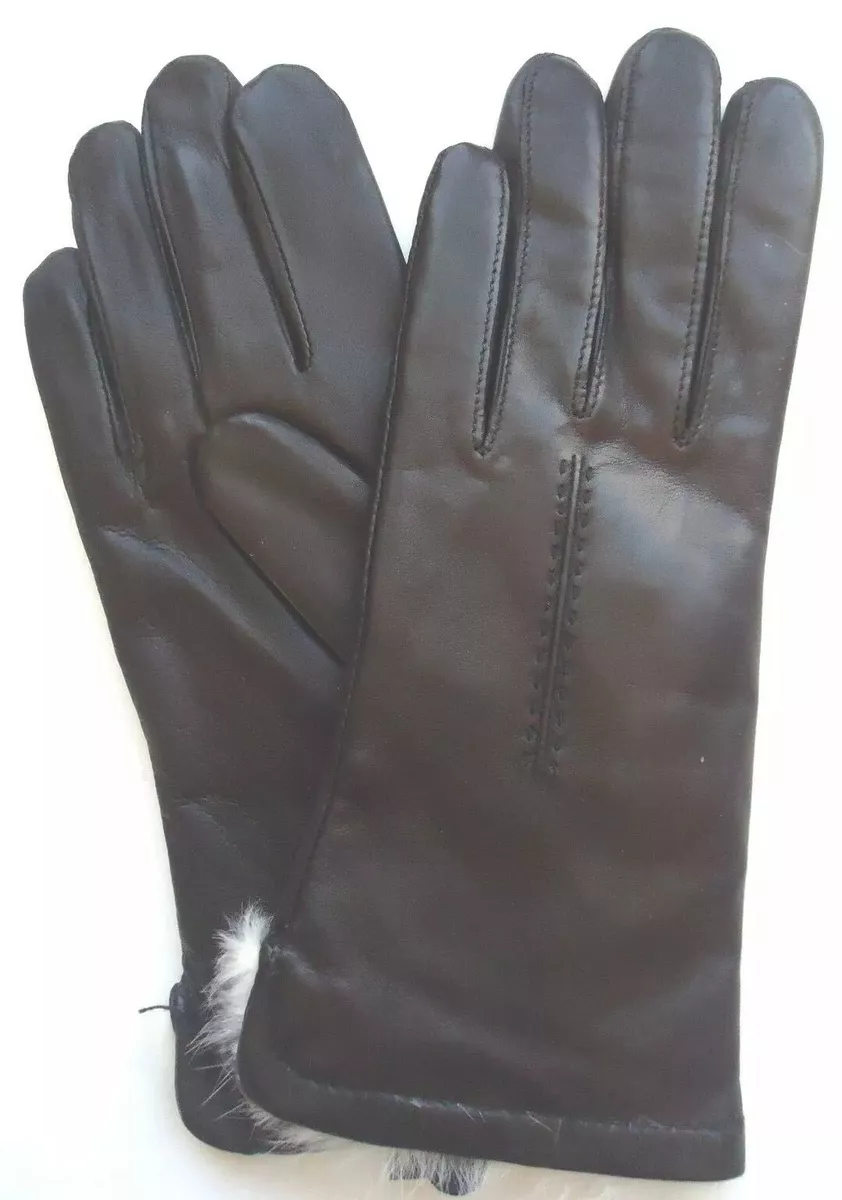Ladies Fownes White Rabbit Fur Genuine Leather Gloves Black Large