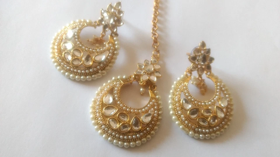 Nuevos Pendientes de Moda Maang Tikka Kundan Chapados en Oro Boda Bollywood Joyería Foto 3 de 3
