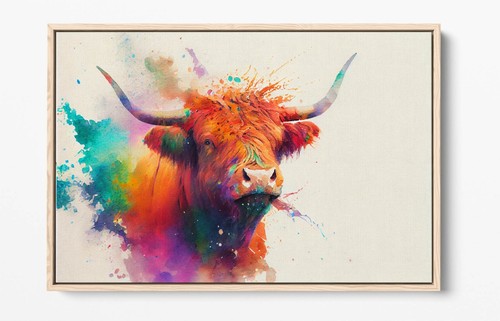 COLOURFUL HIGHLAND COW WATERCOLOUR SPLASH FLOAT EFFECT CANVAS ART PIC PRINT - Picture 7 of 12