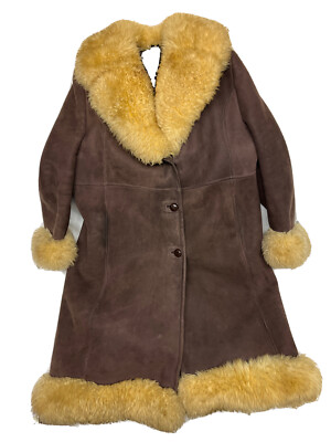 Vintage Suede Leather Ladies Coat Shearling Wool Trim Size L/XL No Brand Brown
