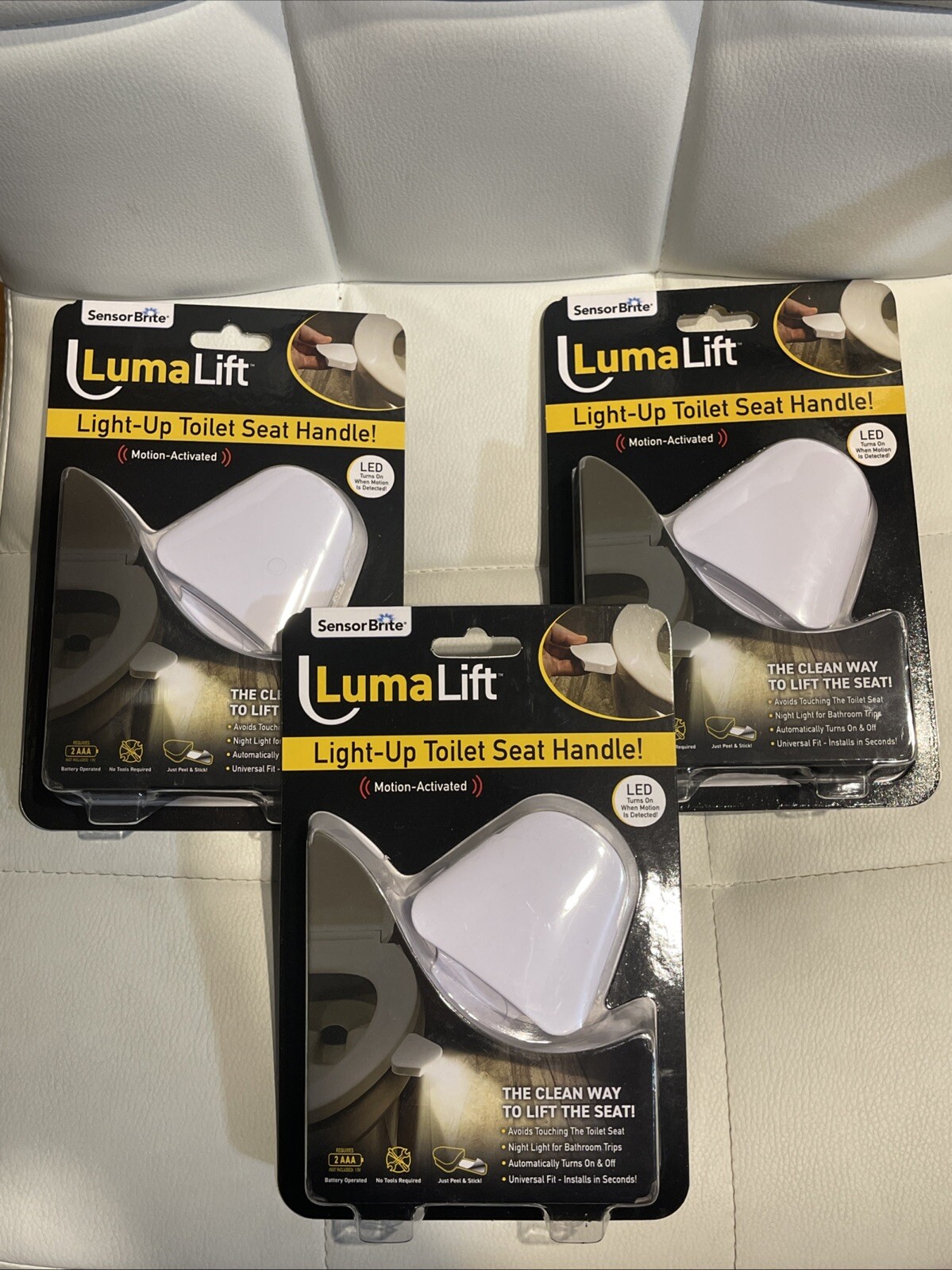 3 NEW Sensor Brite LumaLift LED Motion Activated Light Up Toilet Seat Handle NIB