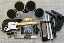 Xbox 360 Rock Band Drums, Foot Pedal, Sticks, Fender Guitar, Game, Mic Tested