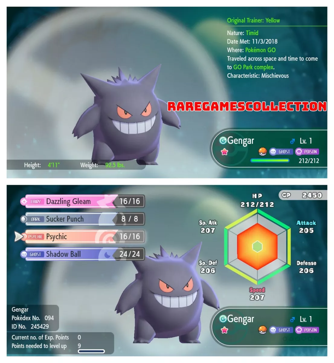 Pokemon Let's Go Pikachu & Eevee ✨ SHINY ✨ 6 IVs 1 LEVEL GENGAR