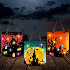 3 Pcs Halloween Candy Bucket LED Light Up Trick or Treat Bags Halloween Bakset C