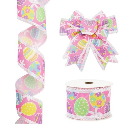 Easter Lace Wired Edge Ribbon Egg Floral 2.5 Inch Pink Fabric 12 Yard DIY