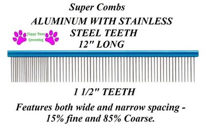 Dog Cat Grooming 12'' EXTRA-LONG FINE-COARSE ALUMINUM COMB STAINLESS STEEL TEETH 