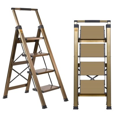 4 Step Ladder, Retractable Handrail and Anti-Slip Wide Pedal, 330lbs, Brown Gold