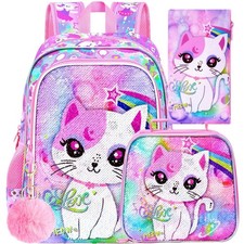 Mochila de lentejuelas de 3 piezas para niñas bolsa de libros de 16 pulgadas con lonchera bolsa escolar