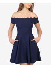 B DARLIN Womens Fit + Flare Short Dress Navy Off Shoulder Party Juniors 34