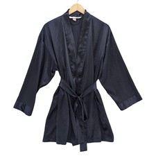 Victorias Secret Satin Robe Womens Navy Blue Long Sleeve Belted Pockets Size OS