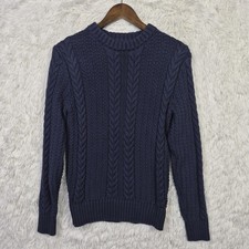 J Crew Mens S Navy Blue Cotton Cable Knit Crewneck Sweater Fisherman Heritage