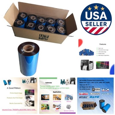 4.33'' x 984' Black Wax Ribbon -10 Rolls Compatible with Major Printers