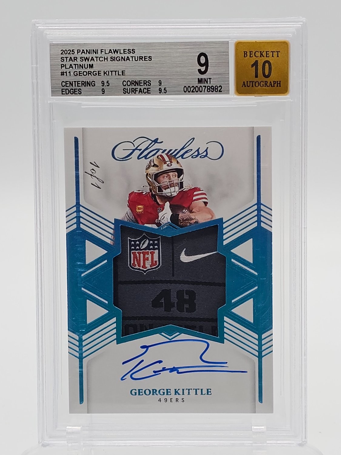 GEORGE KITTLE 2025 PANINI FLAWLESS PLATINUM AUTO PATCH 1/1 #11 49ERS BGS 9 Q2754 view 1