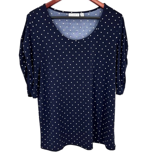 NEU NEU OHNE ETIKETT Susan Graver Medium marineblau gepunktet dehnbar Bluse Shirt Top