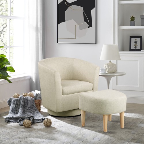 Modern Upholstered Swivel Barrel Chair Linen Fabric Accent Armchair W/ Ottoman - Picture 5 of 16