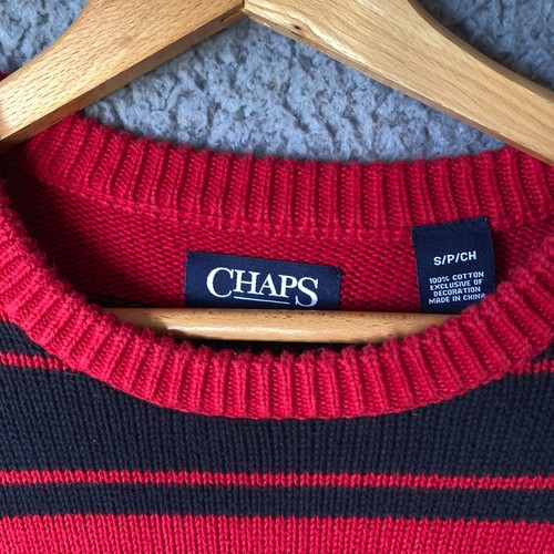 Chaps Sweater Mens S Small Red Black Striped Logo Crewneck Dadcore Grandpa Y2K - Picture 3 of 11