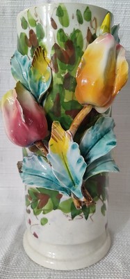 Antique Italian Barbotine Style Cylinder Vase w/Gros Relief 1800s 9''T GUC Rare