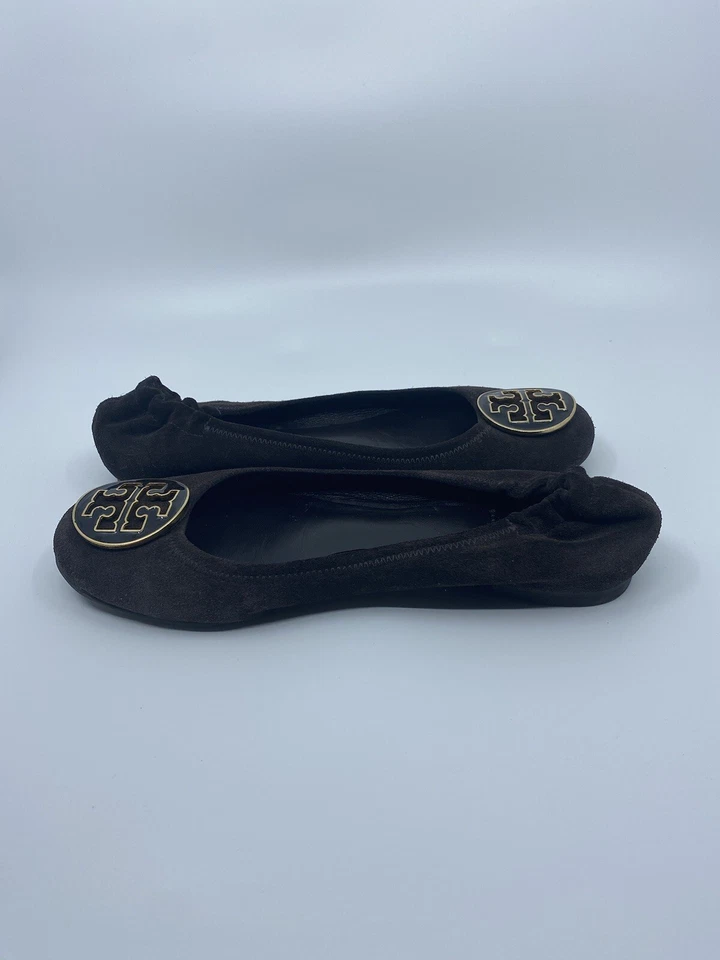 Tory Burch Logo Dorado Marrón Gamuza Reva Pisos Talla US 8 Super Cómodos Caminar Foto 3 de 4