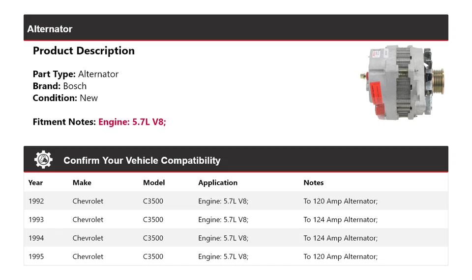 For 1992-1995 Chevrolet C3500 5.7L V8 Bosch Alternator (New) 1993 1994 - Image 2 of 4
