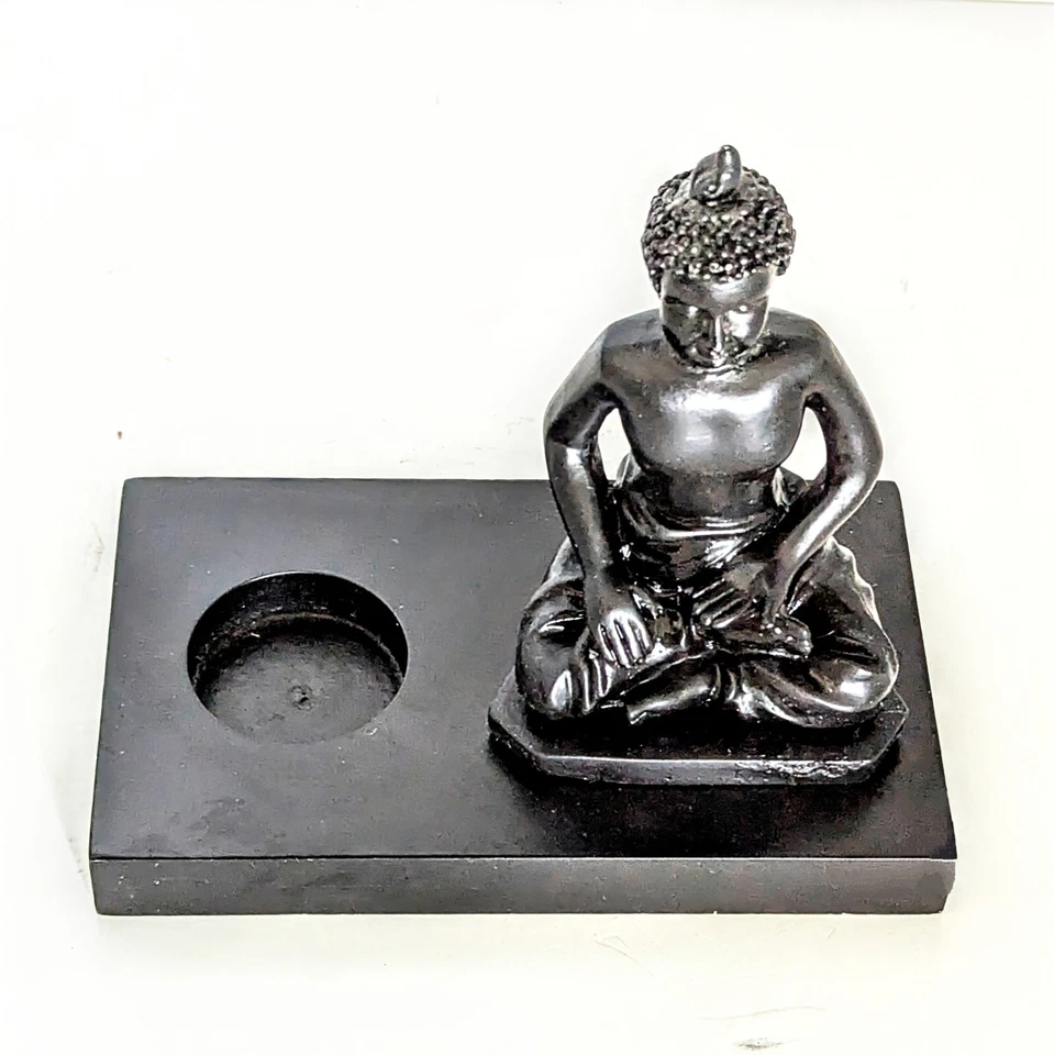 Estátua de Buda Zen Tealight Castiçal Incenso Resina e Madeira 6" - Imagem 4 de 4