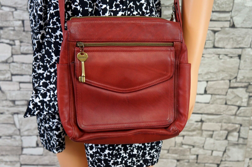 FOSSIL DAMEN ECHT LEDER MESSENGER SCHULTER TASCHE LOGO SCHLÜSSEL HIMBEERE ROT - Bild 7 von 14