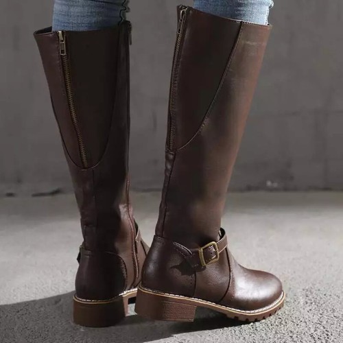 Casual Knee High Horse Riding Boots Winter Zip Up Low Heel Wide Calf Shoes Women - 第 11/27 張圖片
