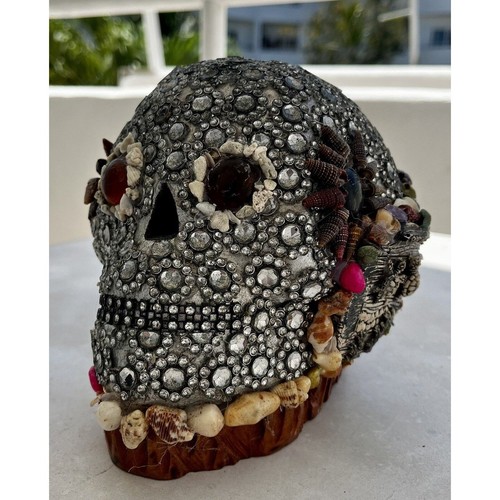 VTG Skull Table Lamp Light Ceramic Skeleton Jeweled & Shell Inlay Decoration - Picture 5 of 16