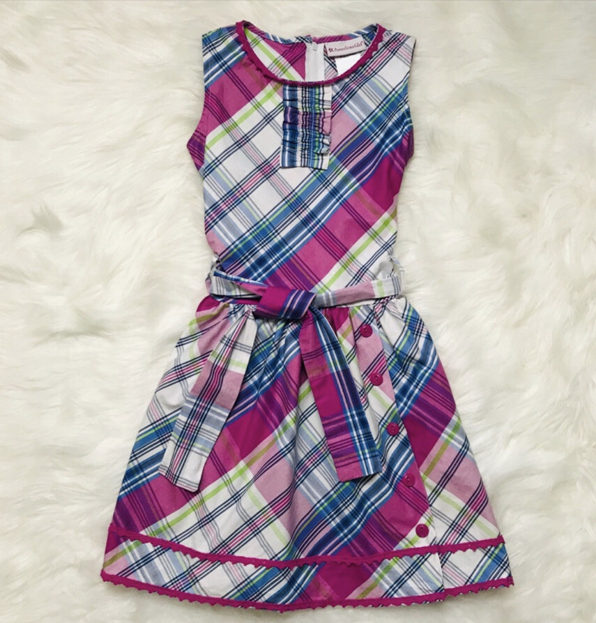 Robe American Girl Taille 7 - Imprimé Rose Et Bleu à Carreaux - Sans Manches - Coton 100%