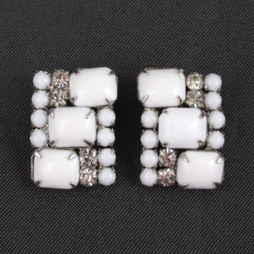 Vintage weiße Strass große Rechteck Milchglas Clip Ohrringe silberfarben