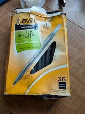 BIC round stic GSM36WM 18130 Black ink 36 ball pens works box damaged