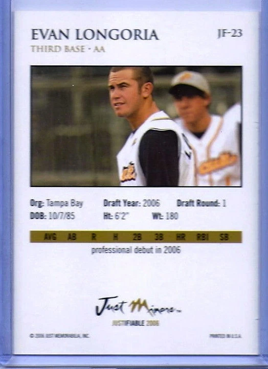 ¡Tarjeta de novato Evan Longoria 2006 dorada justificable! ¡ALL-STAR! ¡GALLETAS DE RAYOS/MAR! Foto 2 de 2