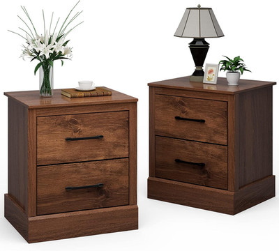 Rustic Walnut 2-Drawer Nightstand Set - Compact Bedside End Tables (2 PCS)