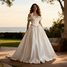 Princess 3D Flowers Wedding Dresses Halter Off Shoulder Satin Bride Gowns