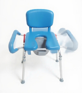 Blue/White Bedside Commode Chair, Adjustable Height, Armrests, Removable Bucket