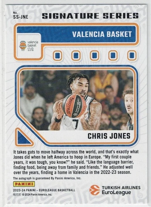 2023-24 Panini Donruss EuroLeague Chris Jones #SS-JNE Signature Series Valencia - Image 2 of 2
