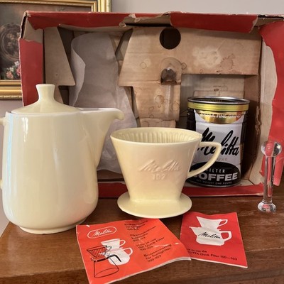 VTG Melitta Coffeemaker 102 Earthenware Pastel Yellow 3 Hole Gift Box Set 1961