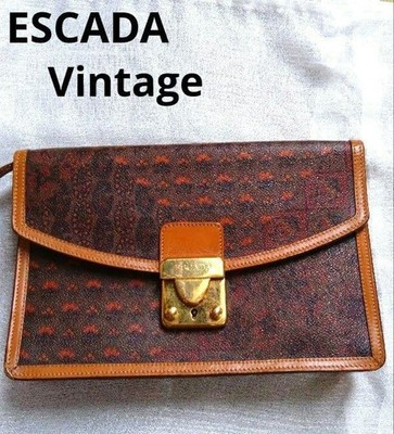 ESCADA Clutch Bag Used Brown Orange Leather Gold Hardware Vintage