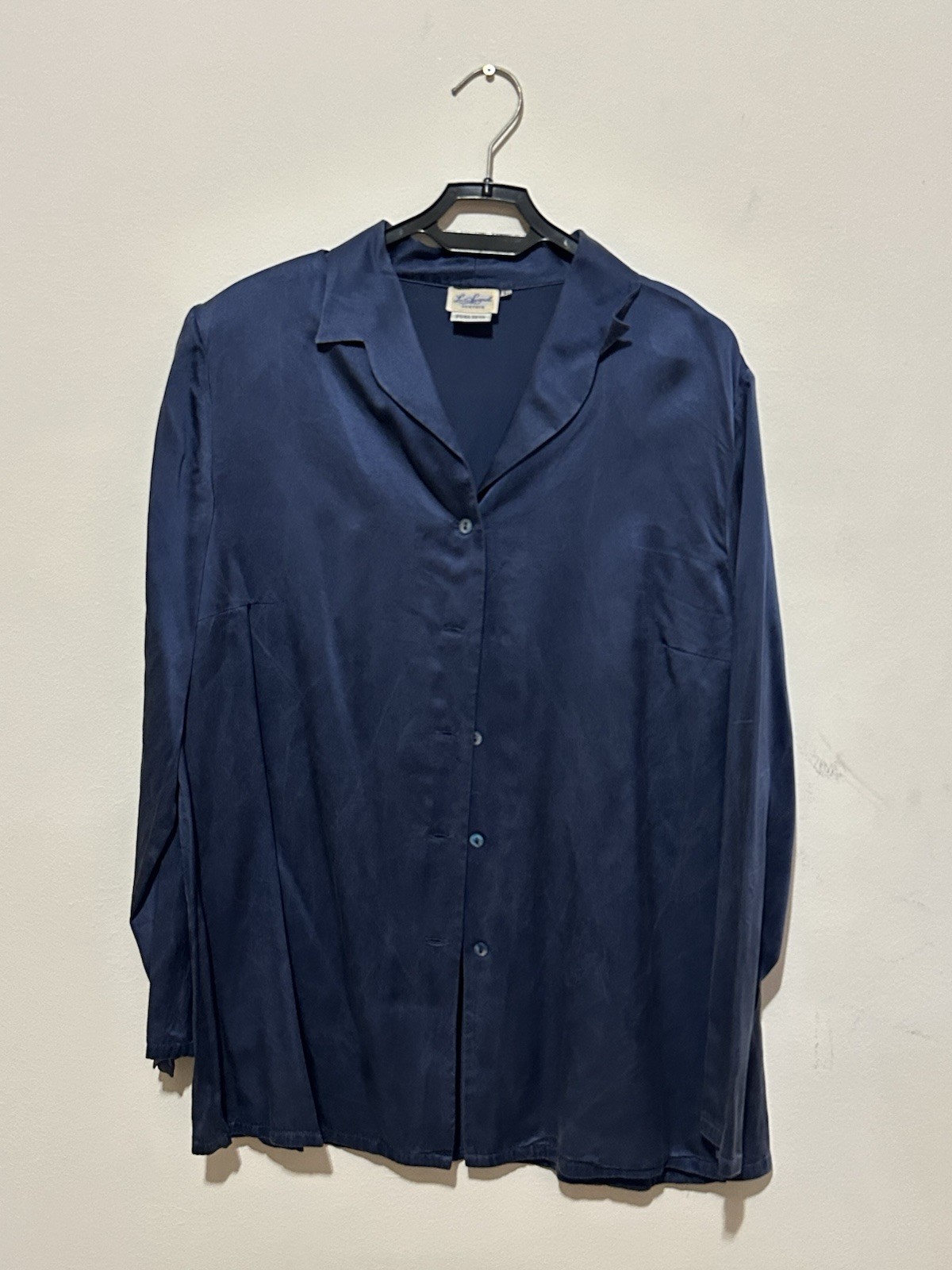 Luisa Spagnoli blusa donna seta raso blu M manica lunga bottoni tinta unita