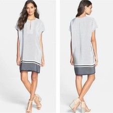 NEW Vince Silk Pockets Geo Trapunto Cap Sleeve Shift Tunic Dress Size Medium