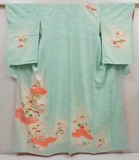 6416T11z910 Vintage Japanese Kimono Silk TSUKESAGE Flowers Light cyan