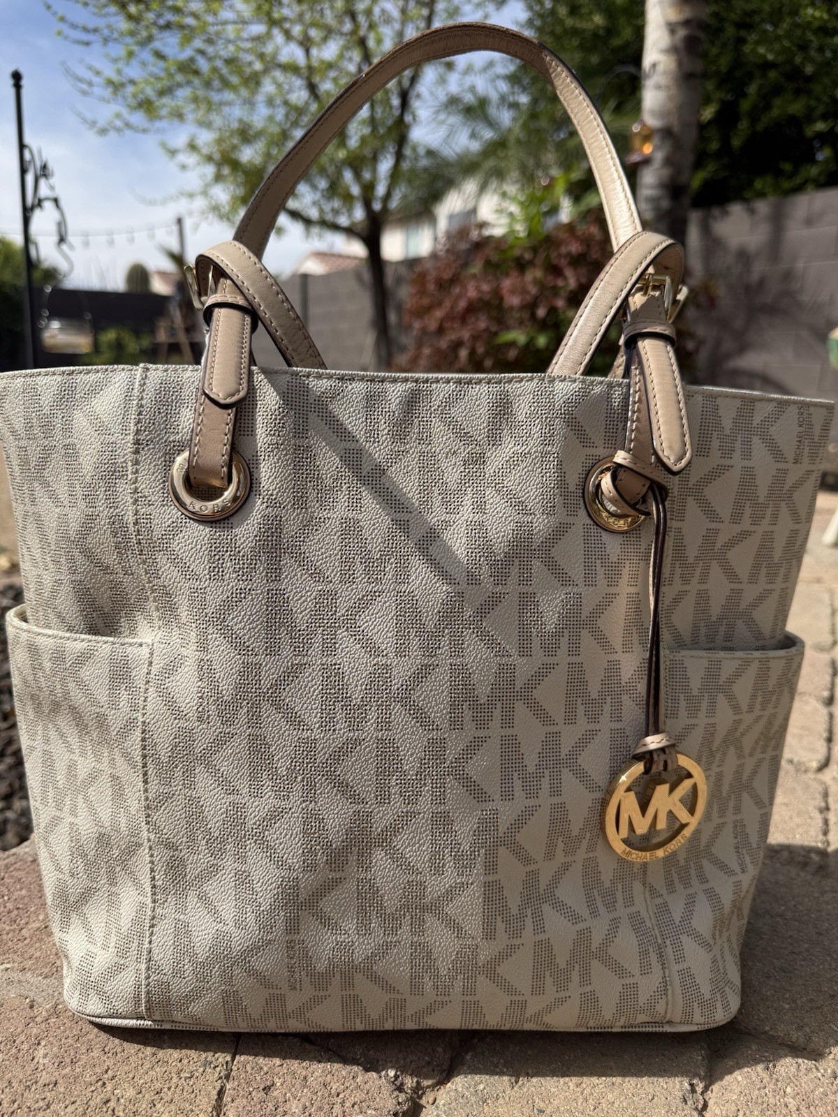Michael Kors Jet Set Travel Tote-Signature MK Canvas-Gold Hardware- Vanilla