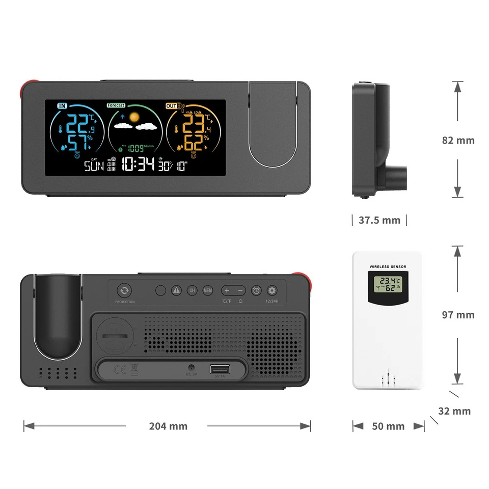 Digital LCD Display Projection Alarm Clock Weather Snooze Temperature Humidity - Image 2 of 4