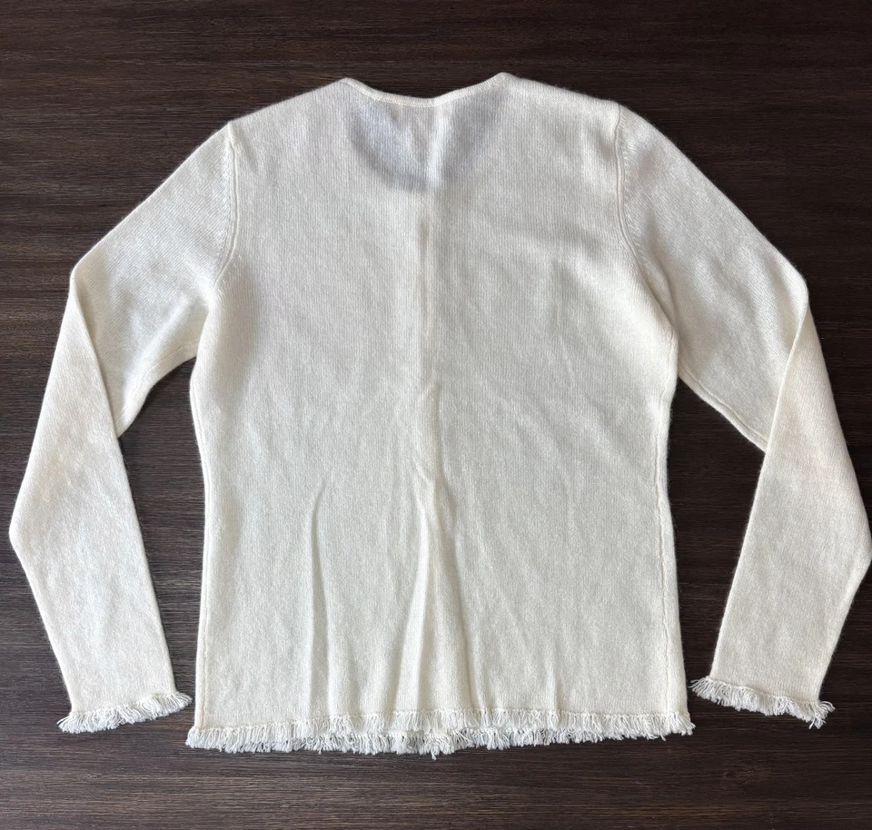 Cardigã suéter feminino 100% cashmere pequeno marfim com miçangas botão de cristal - Imagem 4 de 4