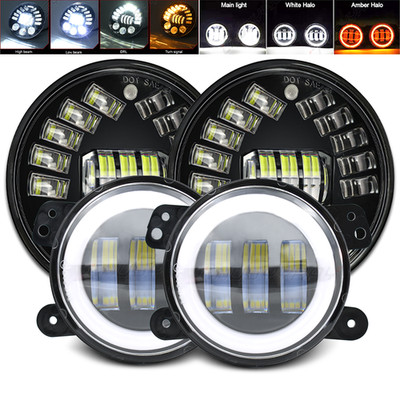 7inch Round LED Headlight +4inch LED Fog Light Combo FIT 07-18 Jeep Wrangler JK