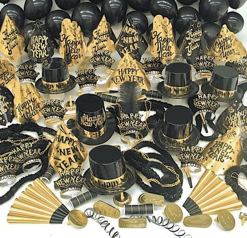 New Years Eve Party Supplies, 352 Pieces, Black and Gold Top Hats Tiaras Bead Ne