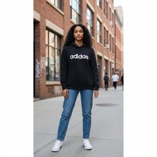 Adidas Hoodie Women Medium Black Essentials Linear Logo Pullover Fleece Cozy