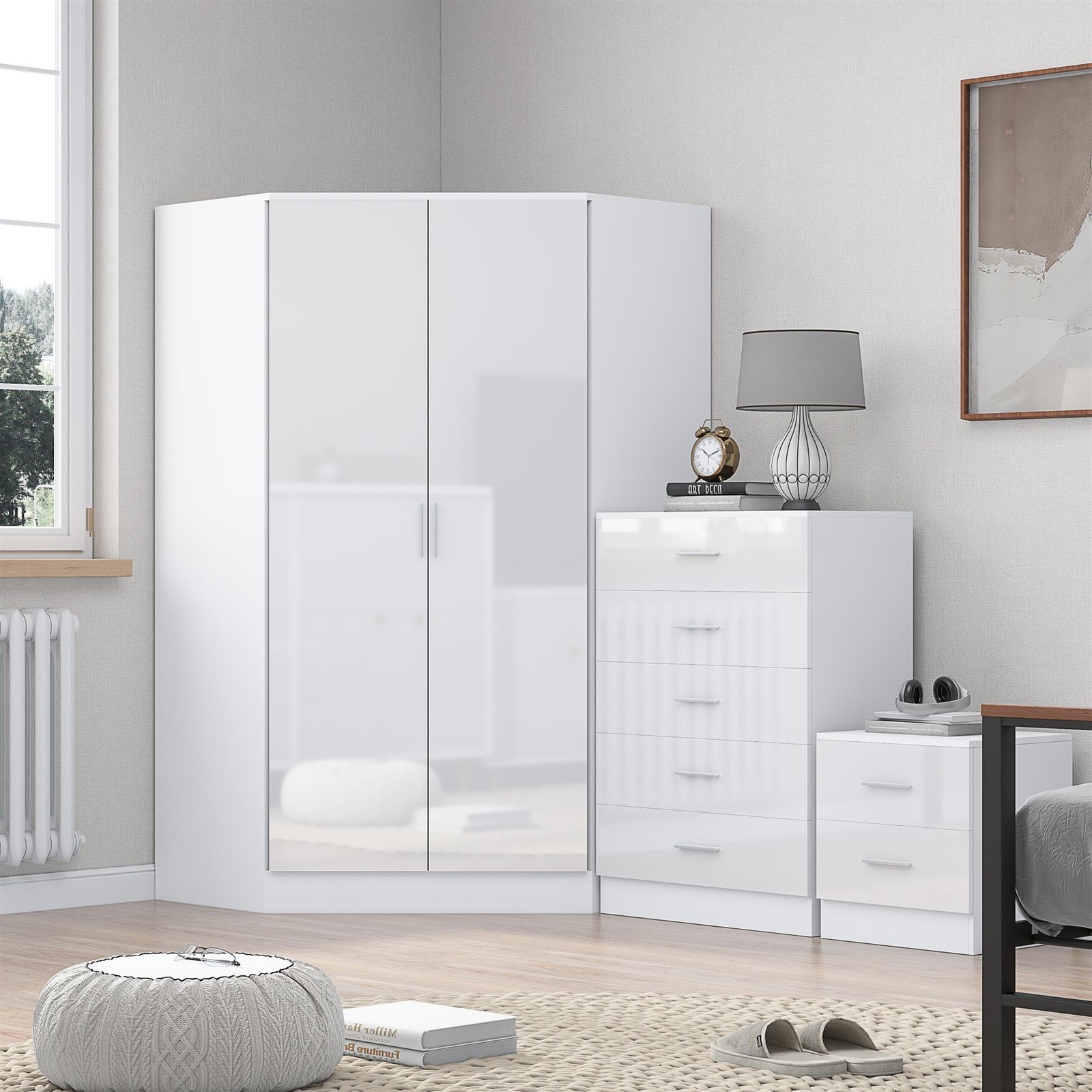 REFLECT Corner + Chest of Drawers + 2 Drawer Bedside - White/White
