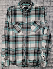 Guess Vintage Green & Gray Plaid Men's Large Button Up Shirt Zipper Classic