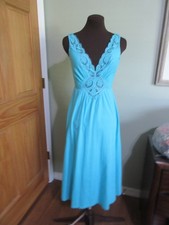 Vintage 3/4 Length Olga Stye 91281 Nightgown Turquoise Lace Bodice, Size Small